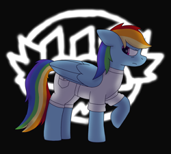 Size: 5000x4500 | Tagged: safe, artist:suidian, imported from derpibooru, rainbow dash, pegasus, pony, fanfic:rainbow factory, clothes, dark, fanfic art, lab coat, logo, silhouette