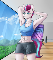 Size: 1500x1700 | Tagged: safe, artist:zachc, imported from derpibooru, zipp storm, anthro, pegasus, abs, arm behind head, armpits, clothes, female, fit, g5, midriff, ripped zipp, shorts, solo, tanktop