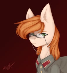 Size: 1974x2160 | Tagged: safe, artist:tttips!, imported from derpibooru, oc, oc only, oc:vasily pantsushenko, equestria at war mod, clothes, communism, glasses, gorget patches, green eyes, hammer and horseshoe, male, red hair, simple background, solo, stallion, stalliongrad, uniform