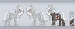 Size: 2560x995 | Tagged: safe, artist:tttips!, imported from derpibooru, oc, oc only, oc:peach, zebra, ashes town, blue eyes, cape, clothes, female, mare, medical kit, palette, patch, reference sheet, simple background, solo, stockings, thigh highs, zebra oc