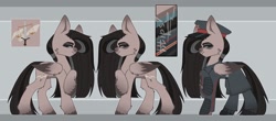 Size: 2560x1127 | Tagged: safe, artist:tttips!, imported from derpibooru, oc, oc only, oc:vesta, pegasus, pony, armor, belt, black hair, blue eyes, cap, clothes, cutie mark, female, hat, hooves, mare, palette, pegasus oc, red star, reference sheet, simple background, solo, stalliongrad, sword, uniform, weapon