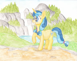 Size: 2808x2228 | Tagged: safe, artist:malte279, artist:prismapony, imported from derpibooru, oc, oc only, oc:asteria, unicorn, female, mare, mascot, mountain, scenery, solo, traditional art, water, watercolor painting, waterfall