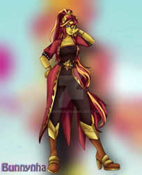 Size: 808x989 | Tagged: safe, artist:bunnynha, imported from derpibooru, sunset shimmer, human, equestria girls, legend of everfree, boots, crystal guardian, deviantart watermark, high heel boots, obtrusive watermark, ponied up, shoes, solo, watermark