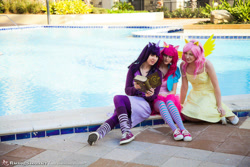 Size: 800x534 | Tagged: safe, artist:juju-gurl, artist:melfinacosplay, artist:twinklebatcosplay, imported from derpibooru, fluttershy, pinkie pie, twilight sparkle, human, bare shoulders, book, clothes, converse, cosplay, costume, irl, irl human, photo, shoes, sleeveless, socks, striped socks, sukoshicon, swimming pool, trio