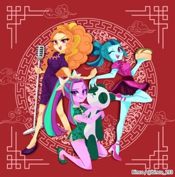 Size: 800x812 | Tagged: safe, artist:binco_293, imported from derpibooru, adagio dazzle, aria blaze, sonata dusk, bear, human, panda, equestria girls, cheongsam, clothes, dress, female, food, kneeling, legs, microphone, one eye closed, plushie, skirt, sleeveless, standing, standing on one leg, taco, that girl sure loves tacos, the dazzlings, trio, trio female