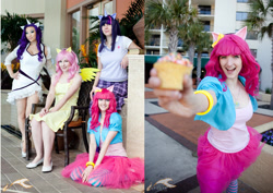 Size: 1776x1260 | Tagged: safe, artist:juju-gurl, artist:melfinacosplay, artist:twinklebatcosplay, artist:yayacosplay, imported from derpibooru, fluttershy, pinkie pie, rarity, twilight sparkle, human, clothes, cosplay, costume, cupcake, food, hand on hip, irl, irl human, photo