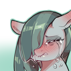 Size: 1159x1159 | Tagged: safe, artist:cold-blooded-twilight, imported from derpibooru, part of a set, marble pie, earth pony, pony, blushing, bust, crying, eyes closed, female, floppy ears, frown, gradient background, hair over one eye, lip bite, mare, simple background, solo, teeth, transparent background