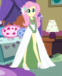 Size: 909x1114 | Tagged: safe, artist:sapphire, imported from derpibooru, fluttershy, gardevoir, human, equestria girls, bedroom, clothes, cosplay, costume, dress, female, high heels, long legs, looking at you, pokémon, shoes, smiling, solo