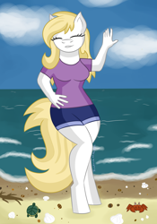 Size: 700x1000 | Tagged: safe, artist:friedrich911, imported from derpibooru, oc, oc only, oc:susanne, anthro, crab, earth pony, turtle, unguligrade anthro, anthro oc, beach, clothes, eyes closed, female, ocean, shirt, shorts, solo, summer, t-shirt, water