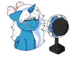 Size: 545x410 | Tagged: safe, artist:cute-little-star97, imported from derpibooru, oc, oc only, oc:fleurbelle, alicorn, pony, alicorn oc, blushing, bow, breeze, electric fan, eyebrows, eyebrows visible through hair, eyes closed, female, floppy ears, folded wings, hair bow, horn, mare, outline, panting, simple background, solo, tongue out, transparent background, white outline, wings