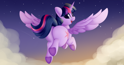 Size: 4096x2160 | Tagged: safe, artist:andelai, imported from derpibooru, twilight sparkle, alicorn, pony, butt, chubby, cloud, female, flying, happy, looking back, open mouth, open smile, plot, sky, smiling, solo, stars, twibutt, twilight has a big ass, twilight sparkle (alicorn), underhoof, wings