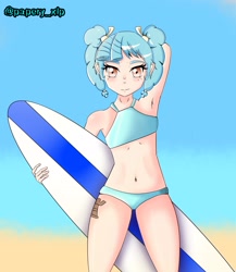 Size: 2307x2661 | Tagged: safe, artist:papery xlp, imported from derpibooru, cozy glow, human, arm behind head, armpits, belly button, bikini, clothes, cutie mark on human, female, humanized, looking at you, solo, surfboard, swimsuit