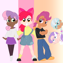 Size: 1777x1792 | Tagged: safe, artist:aztrial, imported from derpibooru, apple bloom, diamond tiara, scootaloo, silver spoon, sweetie belle, human, boots, braided ponytail, clothes, cutie mark crusaders, dark skin, diamond tiara is not amused, eyeshadow, glasses, human coloration, humanized, jeans, loose fitting clothes, makeup, mary janes, mismatched socks, overalls, pants, ponytail, shirt, shoes, silver spoon is not amused, skirt, socks, sweater, t-shirt, tan skin, tomboy, unamused