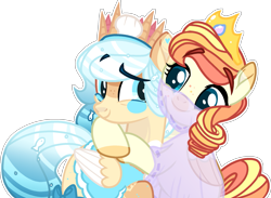 Size: 1965x1441 | Tagged: safe, artist:rickysocks, imported from derpibooru, oc, oc only, pegasus, pony, the summer sun setback, base used, bipedal, clothes, crown, duo, female, hug, jewelry, mare, regalia, see-through, simple background, transparent background