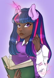 Size: 1430x2048 | Tagged: safe, artist:puffle_owo, imported from derpibooru, twilight sparkle, human, blushing, book, clothes, dark skin, ear fluff, female, glowing, glowing horn, horn, horned humanization, humanized, long sleeves, looking up, simple background, sweater vest