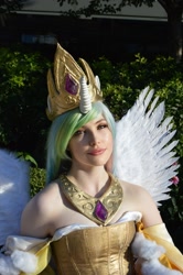 Size: 1000x1504 | Tagged: safe, artist:littlemissbloo, edit, imported from derpibooru, princess celestia, human, bare shoulders, clothes, cosplay, costume, faceapp, irl, irl human, photo, solo