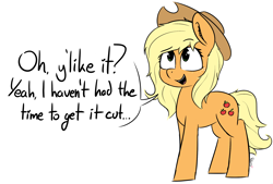 Size: 1998x1351 | Tagged: safe, artist:pinkberry, imported from derpibooru, applejack, earth pony, pony, alternate hairstyle, colored sketch, cute, doodle, female, jackabetes, loose hair, mare, simple background, solo, speech, talking, text, white background