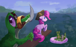 Size: 2000x1227 | Tagged: safe, artist:yarugreat, imported from derpibooru, gummy, pinkie pie, alligator, earth pony, pony, angry, betrayal, cutlass, eyepatch, female, hat, looking back, mare, mouth hold, ocean, pirate, pirate hat, pirate pinkie pie, sword, thumbs down, walking the plank, water, weapon