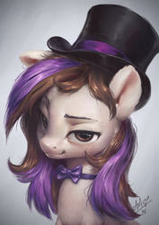 Size: 766x1080 | Tagged: safe, artist:assasinmonkey, imported from derpibooru, oc, oc only, oc:bowtie, earth pony, pony, earth pony oc, eyelashes, hat, necktie, signature, smiling, solo, top hat