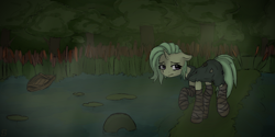 Size: 2222x1111 | Tagged: safe, alternate version, artist:zebra, oc, oc only, oc:dewdrop warren, unicorn, bandage, boat, cape, clothes, forest, patch, scared, solo, swamp, torn clothes