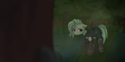 Size: 2222x1111 | Tagged: safe, alternate version, artist:zebra, oc, oc only, oc:dewdrop warren, unicorn, bandage, cape, clothes, forest, patch, prey, scared, solo, swamp, torn clothes, watching