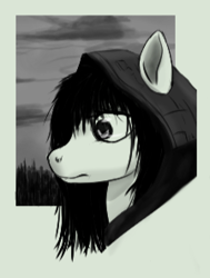 Size: 224x296 | Tagged: safe, artist:pinkchalk, earth pony, pony, blame!, clothes, hood, solo