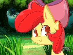 Size: 640x480 | Tagged: safe, artist:pikasathewaifu, imported from derpibooru, apple bloom, earth pony, pony, female, filly, foal, forest, looking at you, pokemon art academy, smiling, solo, tree