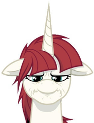 Size: 305x400 | Tagged: safe, imported from derpibooru, oc, oc only, oc:fausticorn, alicorn, pony, bust, female, floppy ears, frown, horn, lauren faust, lauren faust is not amused, mare, simple background, unamused, white background