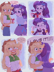 Size: 3072x4096 | Tagged: safe, artist:dreamz, imported from derpibooru, applejack, rarity, human, equestria girls, blushing, female, happy, hug, jewelry, lesbian, necklace, present, rarijack, shipping, smiling, surprised