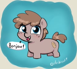 Size: 1439x1281 | Tagged: safe, artist:heretichesh, imported from derpibooru, oc, oc only, earth pony, pony, bonjour, female, filly, foal, gratuitous french, looking at you, open mouth, open smile, signature, smiling, smiling at you, solo, squatpony, tooth gap, traditional art