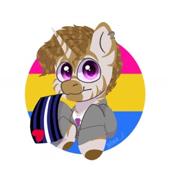 Size: 1640x1639 | Tagged: safe, artist:bluemoon, imported from derpibooru, oc, hybrid, unicorn, zony, bondage pride flag, business suit, chibi, clothes, ear piercing, hybrid oc, looking at you, mouth hold, necktie, pansexual pride flag, piercing, pride, pride flag, pride month, simple background, solo, white background, zony oc