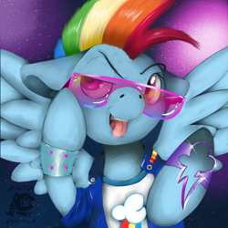 Size: 3000x3000 | Tagged: safe, artist:valemjj, imported from derpibooru, rainbow dash, pegasus, pony, clothes, floppy ears, open mouth, punk, solo, sunglasses, tongue out, wristband