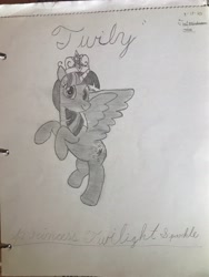 Size: 3024x4032 | Tagged: safe, artist:mlpfantealmintmoonrise, imported from derpibooru, twilight sparkle, alicorn, pony, 2020, crown, drawing, female, g4, high res, jewelry, looking at you, mare, monochrome, pencil drawing, regalia, signature, smiling, smiling at you, solo, spread wings, traditional art, twilight sparkle (alicorn), wings