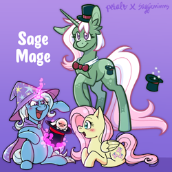 Size: 2048x2048 | Tagged: safe, artist:saggiemimms, imported from derpibooru, angel bunny, fluttershy, trixie, oc, oc:sage mage, pegasus, pony, rabbit, unicorn, angel bunny is not amused, animal, female, lesbian, offspring, parent:fluttershy, parent:trixie, parents:trixieshy, shipping, smiling, trixieshy, unamused