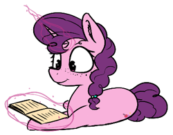 Size: 391x306 | Tagged: safe, artist:pinkberry, imported from derpibooru, sugar belle, pony, unicorn, aggie.io, book, colored sketch, doodle, female, freckles, magic, mare, reading, simple background, solo, telekinesis, white background