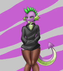 Size: 1500x1700 | Tagged: safe, artist:zachc, imported from derpibooru, spike, anthro, dragon, clothes, crossdressing, femboy spike, hoodie, male, solo, stockings, thigh highs