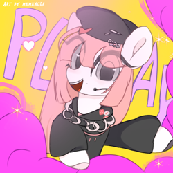 Size: 1280x1280 | Tagged: safe, artist:memengla, imported from derpibooru, oc, earth pony, pony, clothes, eye clipping through hair, hat, hoodie, solo