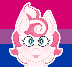 Size: 1280x1195 | Tagged: safe, artist:cherrycandi, imported from derpibooru, oc, oc only, oc:candy care, pegasus, pony, bisexual pride flag, blushing, bust, cheek fluff, cute, deviantart watermark, female, front view, icon, obtrusive watermark, ponytail, portrait, pride, pride flag, solo, tongue out, watermark, wingless