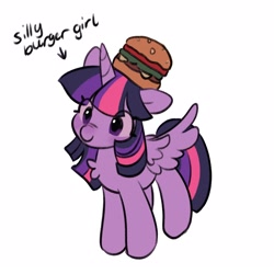 Size: 1600x1600 | Tagged: safe, artist:horseyuris, imported from derpibooru, twilight sparkle, alicorn, pony, burger, chest fluff, cute, female, food, mare, simple background, smiling, solo, spread wings, twiabetes, twilight burgkle, twilight sparkle (alicorn), white background, wings