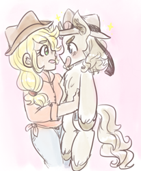 Size: 1171x1419 | Tagged: safe, artist:mimiporcellini, imported from derpibooru, applejack, earth pony, human, pony, chest fluff, colored sketch, crossover, crossover shipping, female, fluffy, hol horse, holding a pony, holjack, humanized, interspecies, jojo's bizarre adventure, male, ponified, role reversal, shipping, species swap, stallion, straight, unshorn fetlocks