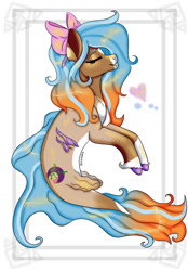 Size: 1280x1840 | Tagged: safe, artist:daynaskully, imported from derpibooru, oc, oc only, hybrid, merpony, seapony (g4), dorsal fin, eyes closed, female, fins, fish tail, flowing tail, heart, mare, mermay, ribbon, simple background, smiling, solo, tail, unshorn fetlocks, white background