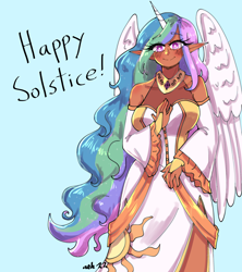 Size: 2400x2700 | Tagged: safe, artist:mylittleyuri, imported from derpibooru, princess celestia, human, blue background, breasts, clothes, dark skin, dress, elf ears, horn, horned humanization, humanized, looking at you, moderate dark skin, simple background, smiling, smiling at you, solo, solstice, summer solstice, winged humanization, wings