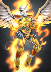 Size: 2171x3070 | Tagged: source needed, safe, artist:mysticalpha, imported from derpibooru, daybreaker, alicorn, anthro, armor, armor skirt, female, grin, high res, mane of fire, skirt, smiling, solo, spread wings, wings