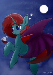 Size: 2480x3508 | Tagged: safe, artist:red river, imported from derpibooru, oc, oc only, alcohol, colored pupils, fangs, flying, glass, heart, looking left, looking to the left, moon, night, solo, stars, wine, wine glass