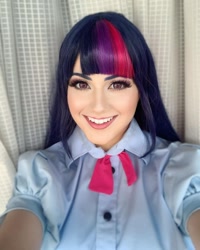 Size: 1080x1350 | Tagged: safe, artist:sarahndipity cosplay, edit, imported from derpibooru, twilight sparkle, human, equestria girls, clothes, cosplay, costume, faceapp, irl, irl human, photo, solo