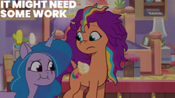 Size: 1280x720 | Tagged: safe, edit, edited screencap, editor:quoterific, imported from derpibooru, screencap, izzy moonbow, sunny starscout, pegasus, pony, unicorn, spoiler:g5, spoiler:my little pony: tell your tale, spoiler:tyts01e14, alicorn issues, bed mane, duo, female, g5, mare, my little pony: tell your tale, pegasus sunny starscout, race swap, smiling, text