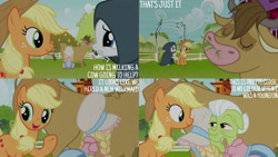 Size: 1280x720 | Tagged: safe, edit, edited screencap, editor:quoterific, imported from derpibooru, screencap, applejack, granny smith, rarity, cow, earth pony, pony, unicorn, it isn't the mane thing about you, season 7, applejack's hat, cowboy hat, eating, eyes closed, female, hat, mare, open mouth, open smile, smiling, text