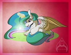 Size: 2600x2000 | Tagged: safe, artist:will-owl-the-wisp, imported from derpibooru, princess celestia, alicorn, pony, female, glowing, glowing horn, horn, lying down, mare, prone, solo, summer solstice, sun