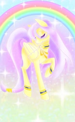 Size: 770x1251 | Tagged: safe, artist:stacy_165cut, imported from derpibooru, fluttershy, pegasus, pony, eyes closed, female, folded wings, mare, rainbow, raised hoof, solo, wings