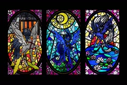 Size: 1169x779 | Tagged: safe, artist:stacy_165cut, imported from derpibooru, oc, oc only, alicorn, pony, black background, horn, simple background, stained glass, trio, wings